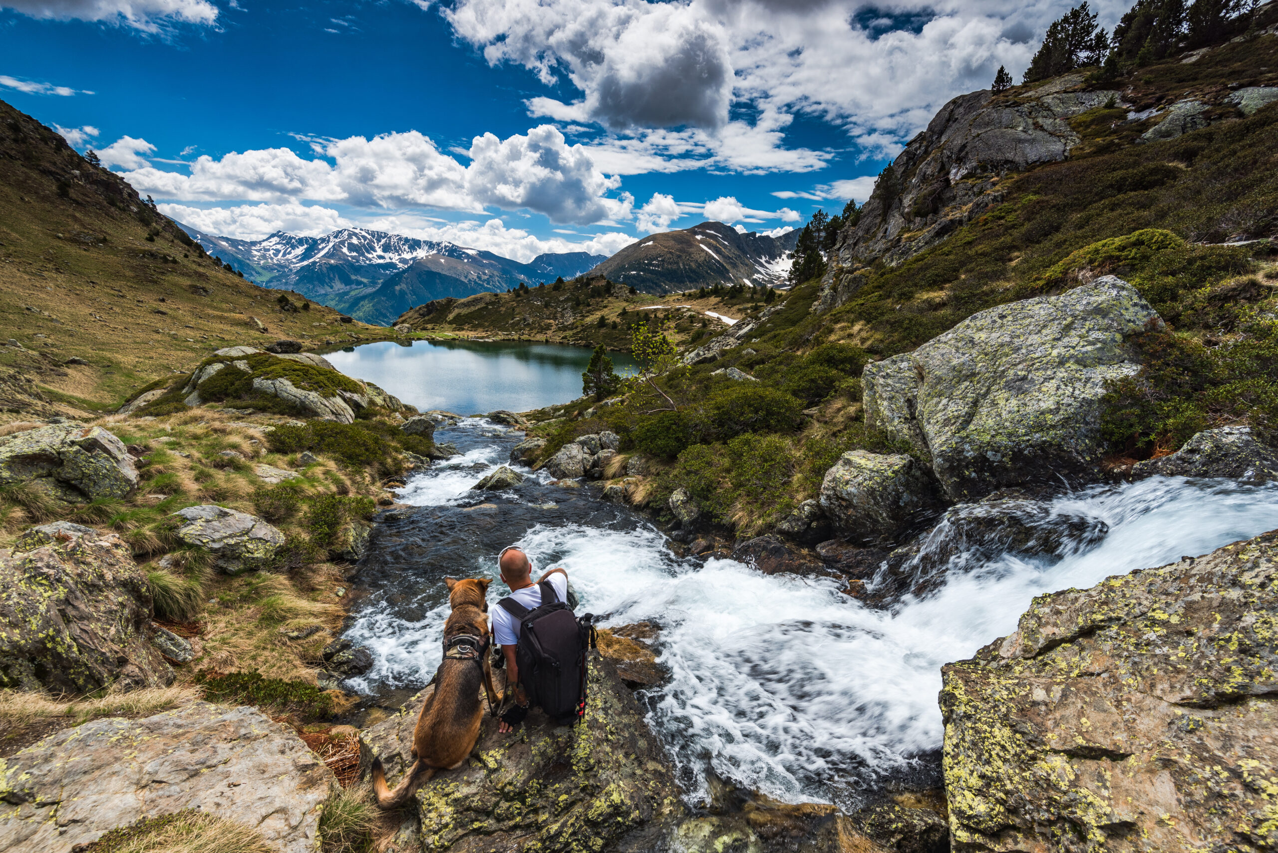 Active man sit on rock with dog while trekking