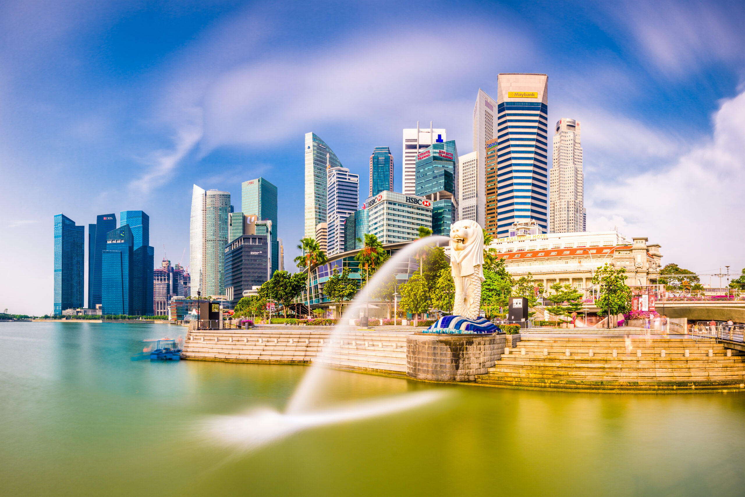 SINGAPORE - SEPTEMBER 3, 2015: The Merlion fountain at Marina Bay. The merlion is a marketing icon used as a mascot and national personification of Singapore.